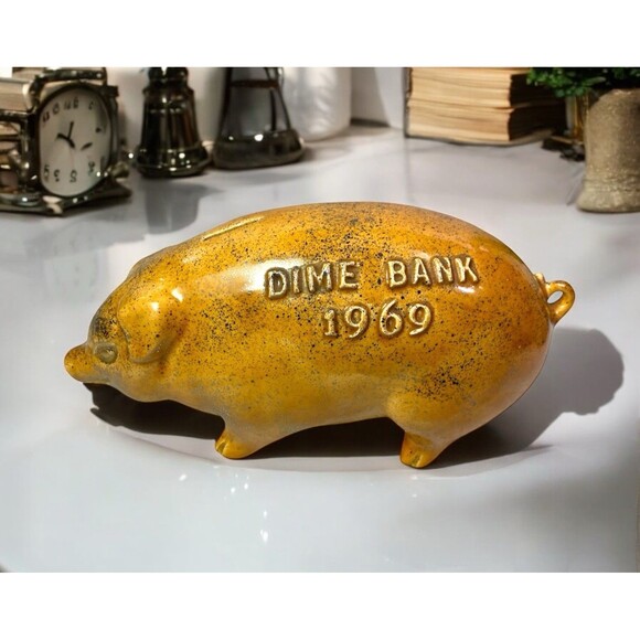 Unbranded Other - Bennington Style Piggy Bank Pig Dime Bank Ceramic With Gold Speck Glaze VTG 1969